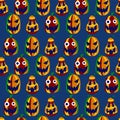 Dark smiled pumpkins on blue vector seamless pattern